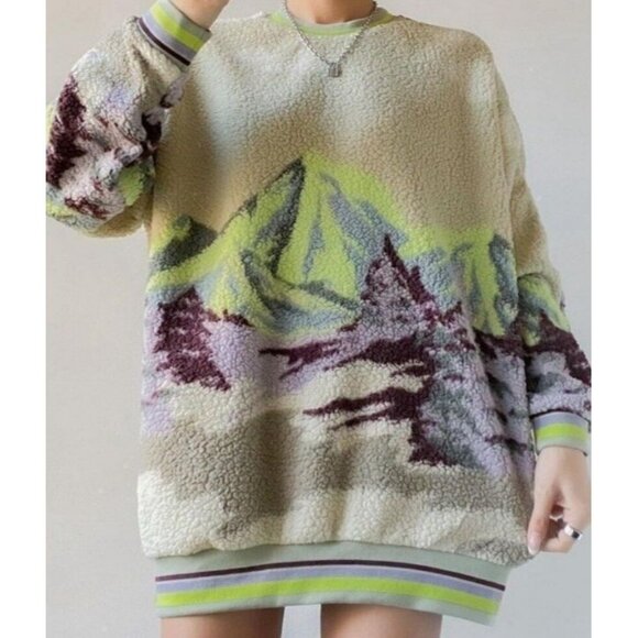 UO Out From Under Sweater Landscape Mountain Sherpa Crew Multicolor - Picture 1 of 5